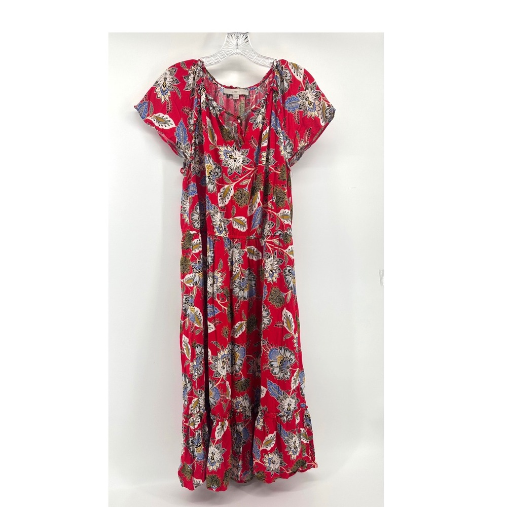 LOFT Red Floral Midi Dress Short Sleeve Tie Neck Elastic Waist Size LT Tall